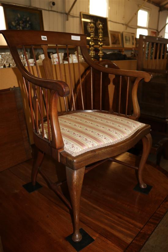 Edwardian mahogany elbow chair with stick and splay back on cabriole legs